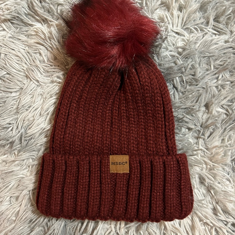 Faux-Fur Pom Beanie in Burgundy NWOT